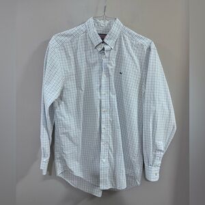 Men's Vineyard Vines Blue and White Plaid Whale Button Down Shirt. Size Medium